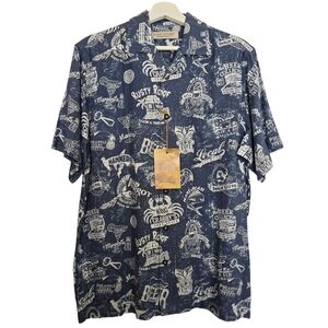 NWT Island Republic Martini Hula Beer Shark Tiki Hut Blue Hawaiian Shirt